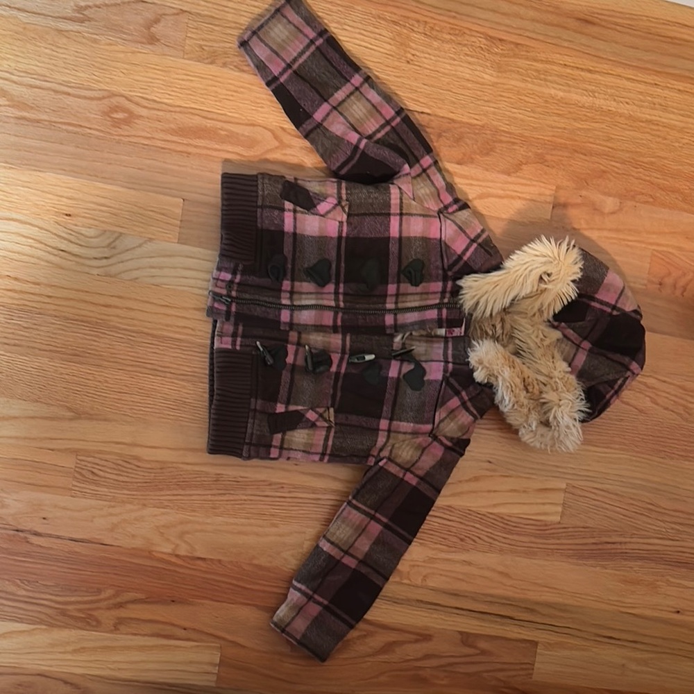 Plaid Hooded Jacket with Faux Fur Trim